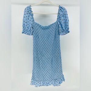Stradivarius Milkmaid Baby Blue PolkaDot Puff Sleeve Smocked Mini Dress, Medium